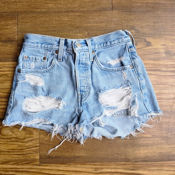 Levi's Pants - Levis Premium 501 Original Distressed Cutoff Denim Shorts Light Wash Raw Hem 24